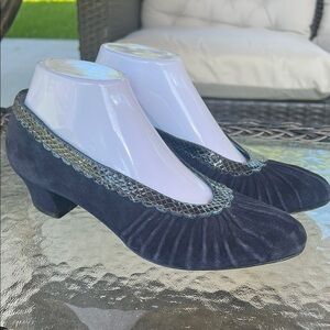 Thierry Rabotin Navy Suede Pumps 38.5 | Snakeskin Trim | Made in Italy